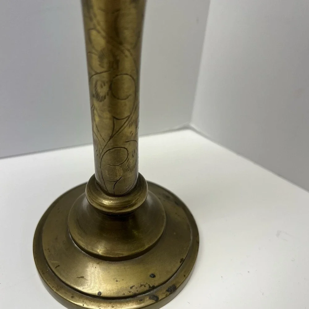 VTG Brass Or Brass Played Bud Etched Funnel Flutted Vade Shape Footed Boho Decor